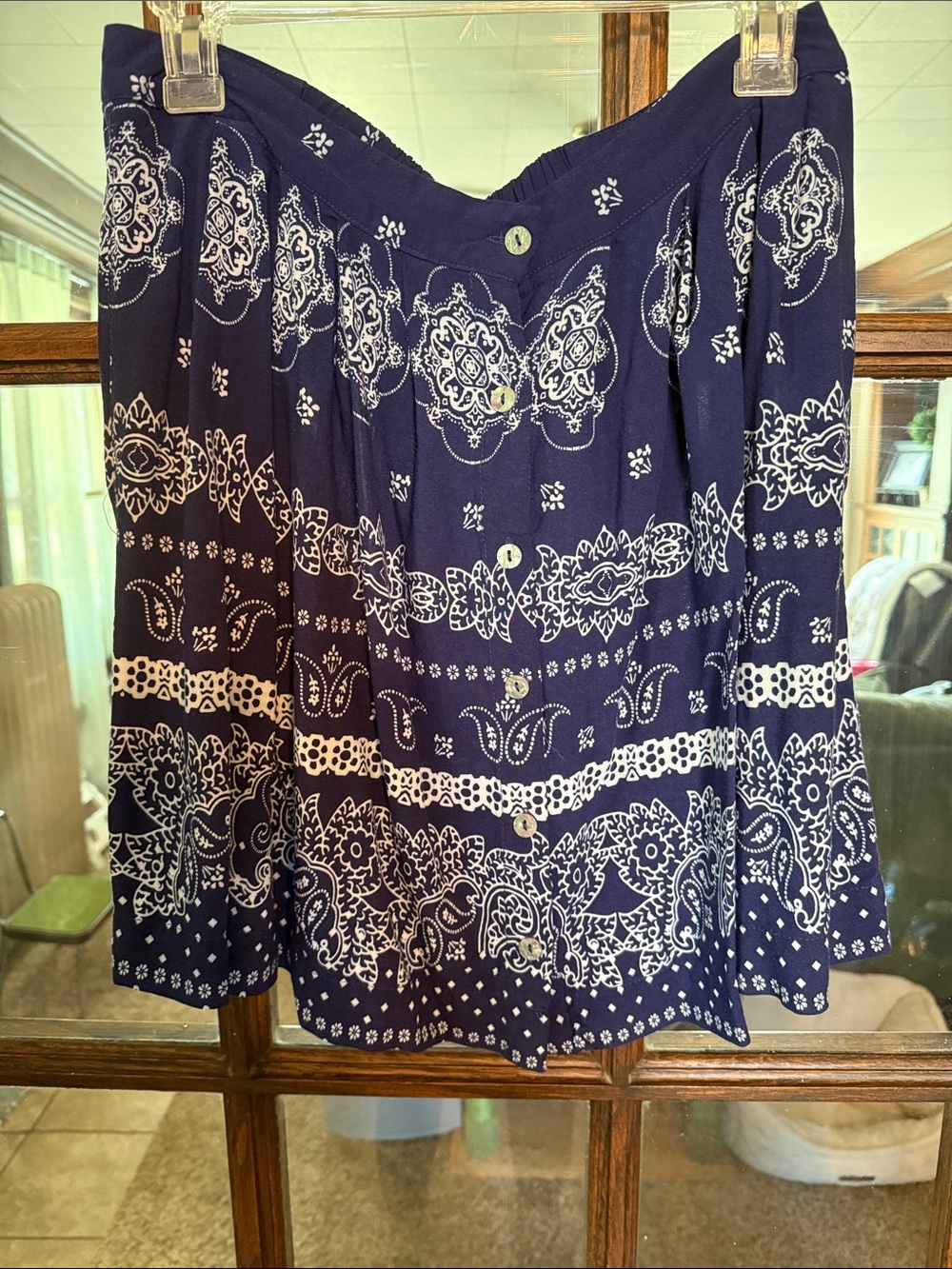 Xhilaration Navy Blue White Paisley Bandana Button Front Mini Skirt Large L/G